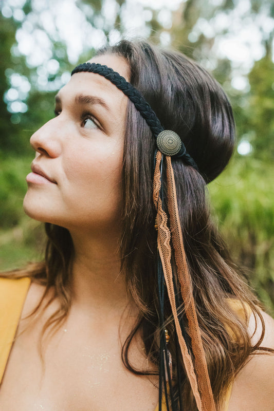 Black Suede with Brown Ribbon Halo